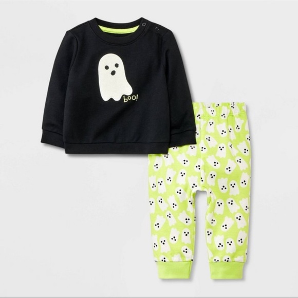CAT & JACK 2 PC GHOST GRAPHIC TOP & PANTS SET - BLACK SIZE 0-3M (NEW WITH TAGS) - Picture 1 of 4